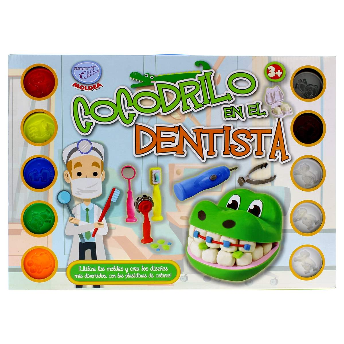 Embalaje de juguete: Kit de dentista con cocodrilo, dentista, herramientas y plastilina.