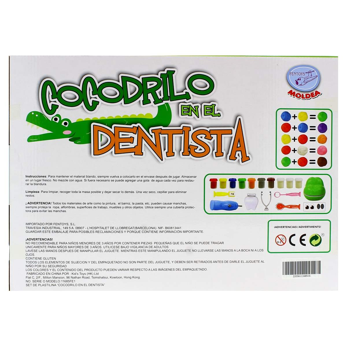 Caja de un set de plastilina con un cocodrilo dentista y accesorios.