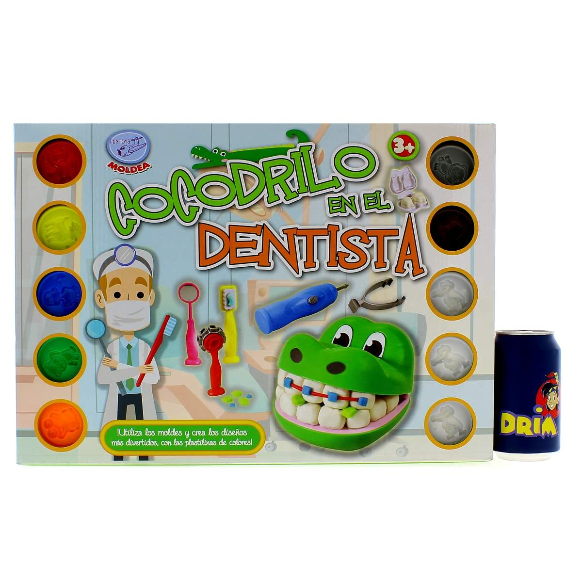 Set de dentista Play-Doh con botes de arcilla, figura, herramientas y cabeza de cocodrilo.