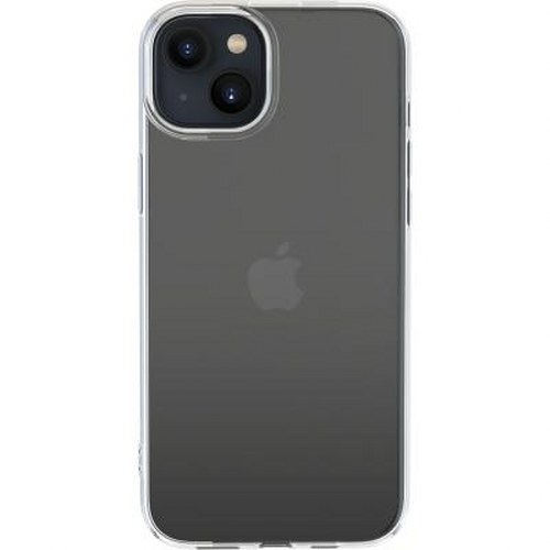 Una custodia trasparente per telefono su un telefono scuro con doppia fotocamera e logo Apple.