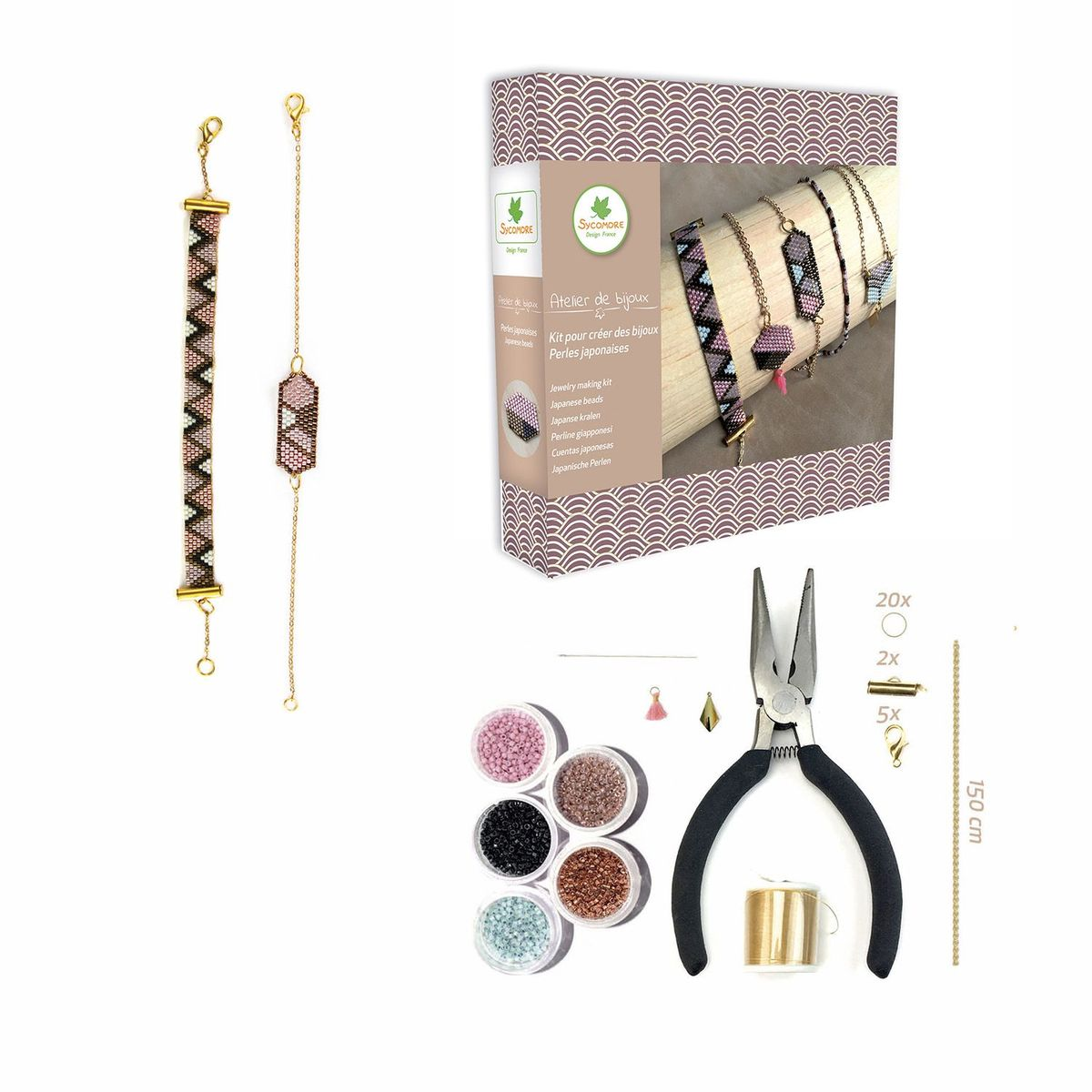 Kit de bisutería con cuentas, herramientas e instrucciones. Incluye cuentas de varios colores, alicates, hilo y cadena.