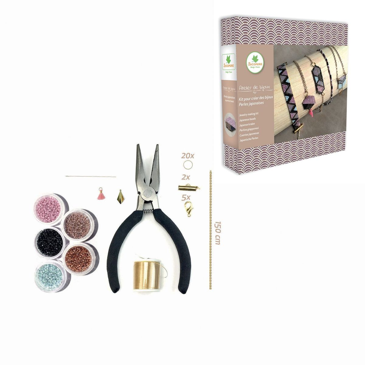 Kit para hacer joyas con cuentas, herramientas y cadena. Incluye alicates, hilo, cuentas y cierres.