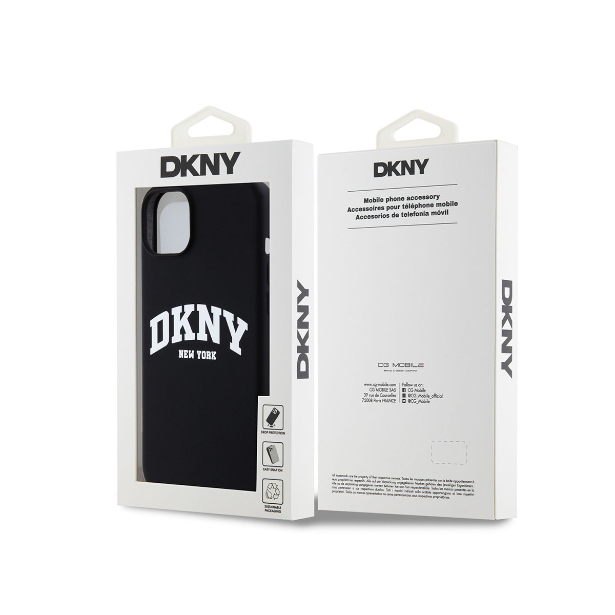 Custodia nera DKNY con logo su confezione bianca. Include informazioni sul prodotto.