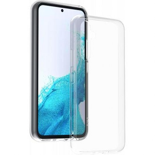 Una custodia trasparente per telefono accanto a uno smartphone con sfondo blu.