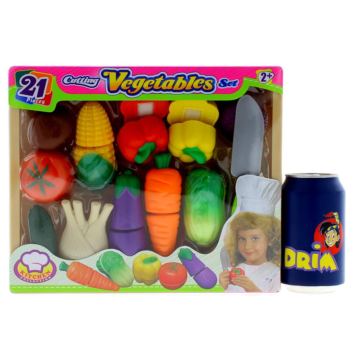 Un juego de corte de verduras de juguete de 21 piezas y una lata azul.