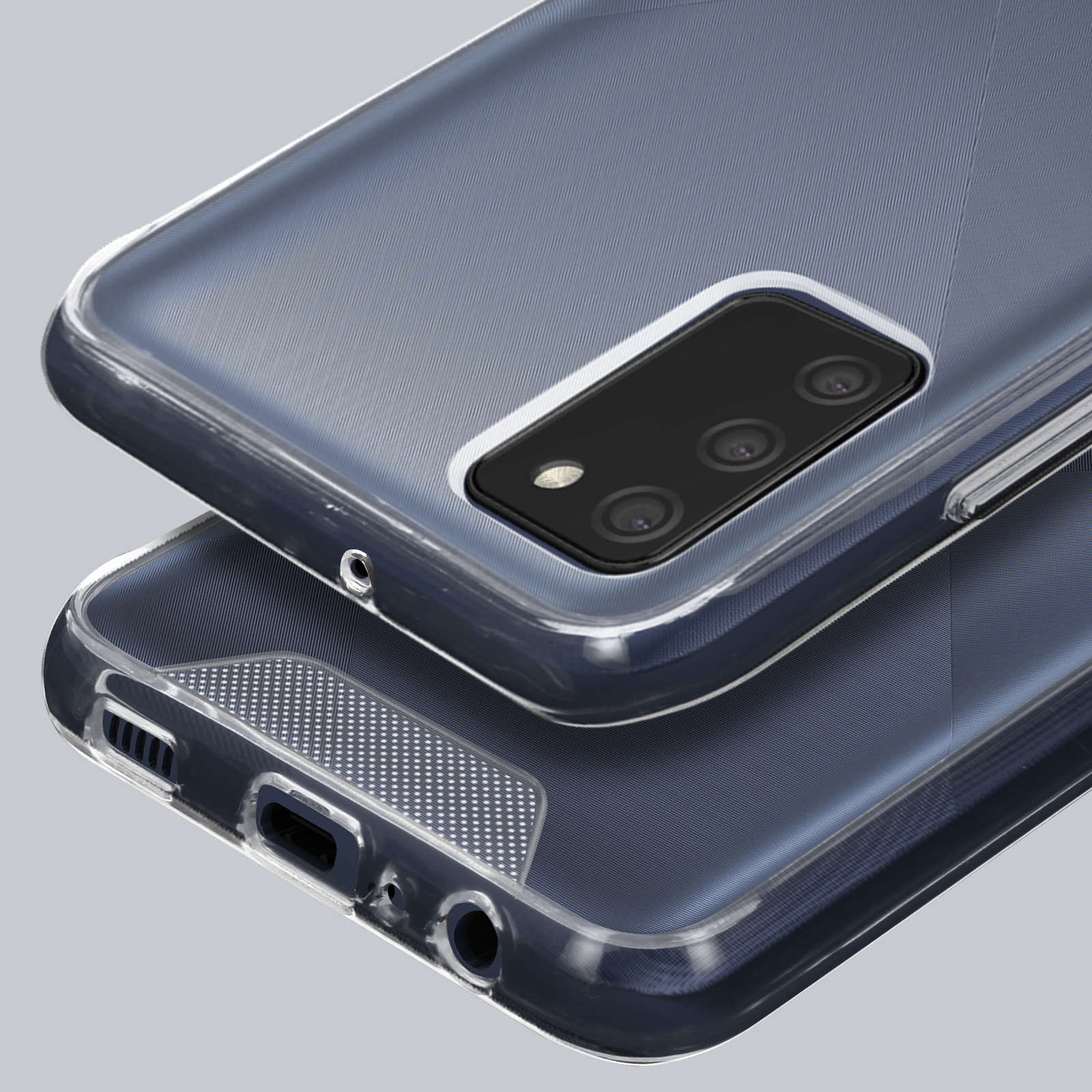 Custodia trasparente per telefono con modulo fotocamera e porta di ricarica.