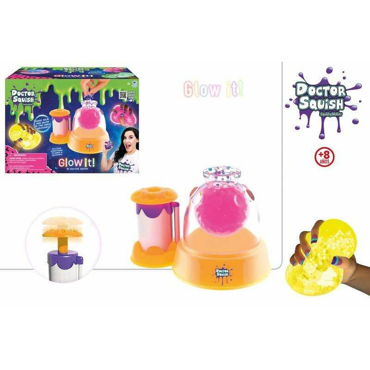 Set de juguetes Doctor Squish Glow it! con recipientes morados y naranjas.