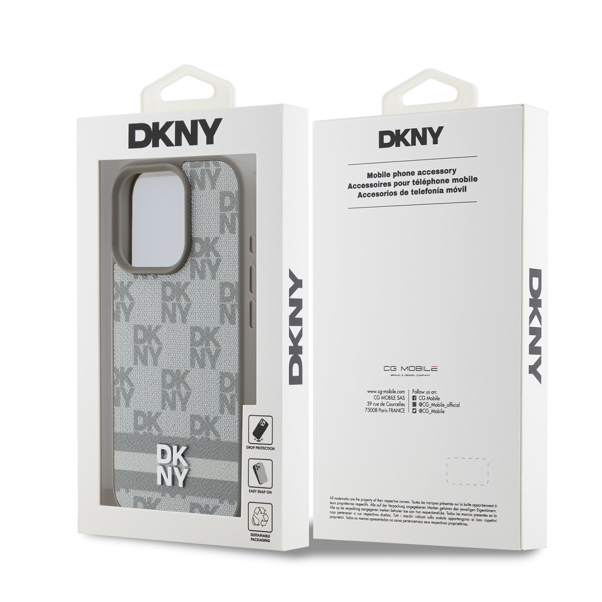 Confezione cover telefono DKNY, grigia con motivo logo DKNY.