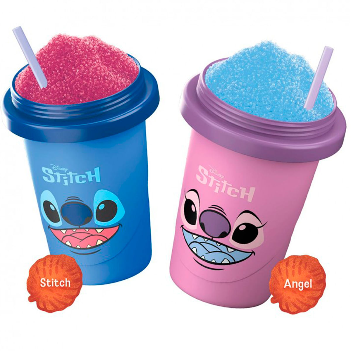 Dos vasos Disney Stitch, uno azul con granizado rojo, uno rosa con granizado azul.