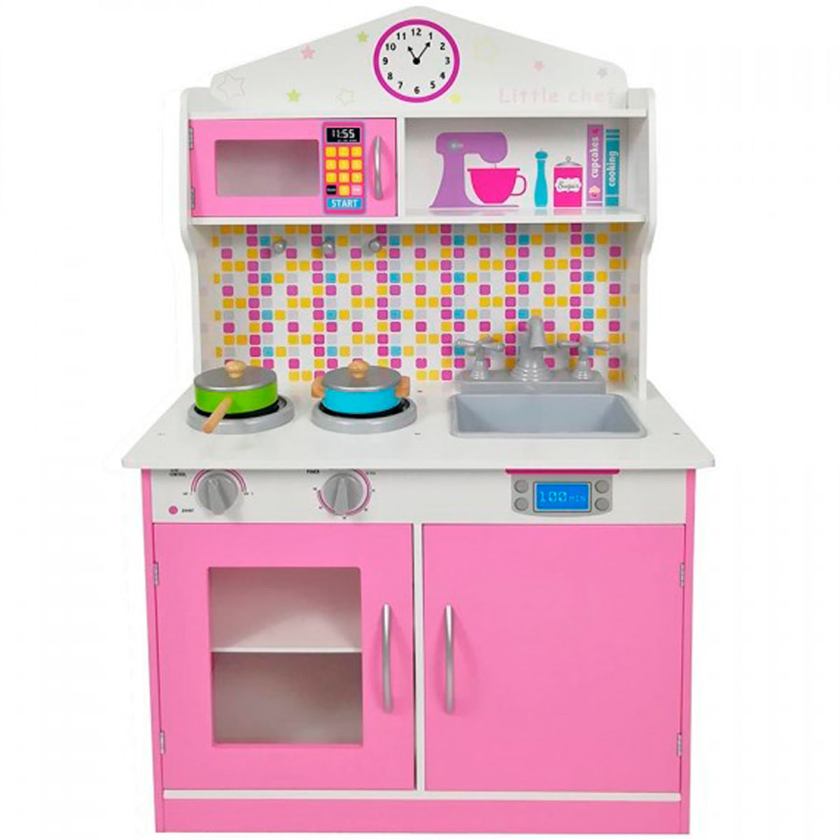 Una cocina de juguete rosa con microondas, estufa, fregadero y reloj.