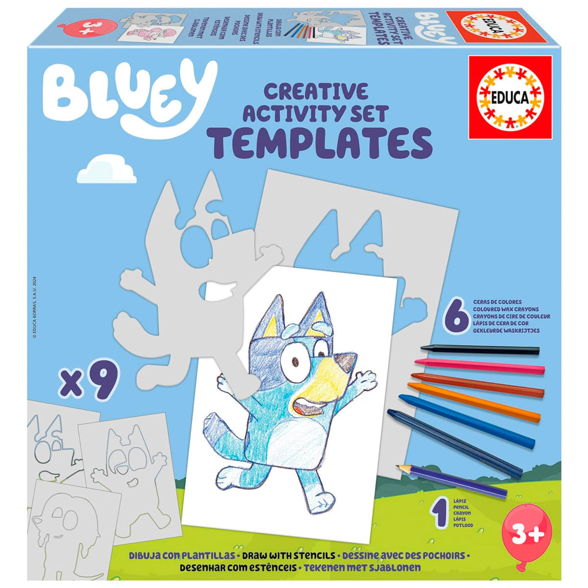 Set de actividades creativas Bluey con plantillas, crayones y moldes. Para mayores de 3 años.