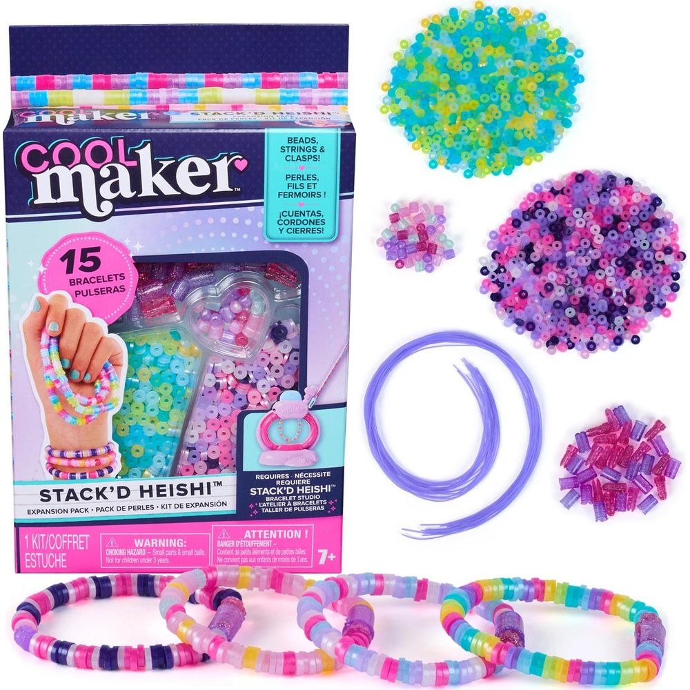 Un kit de Cool Maker para hacer 15 pulseras con cuentas heishi y cordones coloridos.