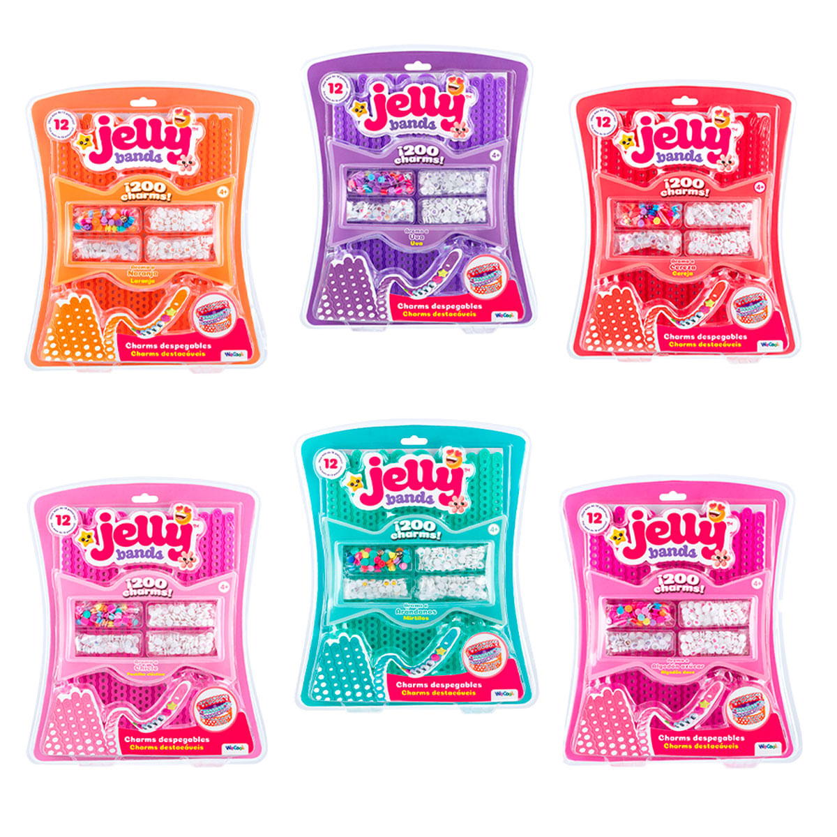 Seis coloridos sets de charms Jelly Bands, cada uno con 1200 charms.