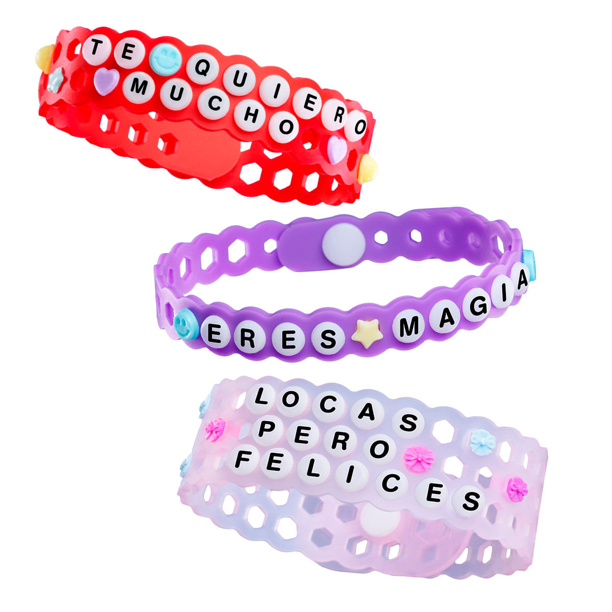 Tres pulseras con cuentas: Roja "TE QUIERO MUCHO", Morada "ERES MAGIA", Rosa/Morada "LOCAS PERO FELICES".