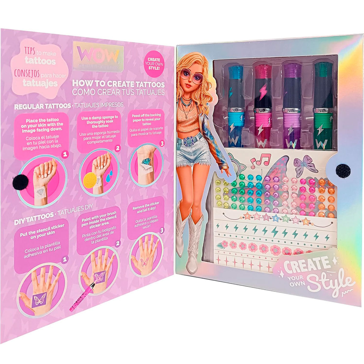 Un kit de tatuajes con instrucciones, bolígrafos, plantillas y pegatinas.