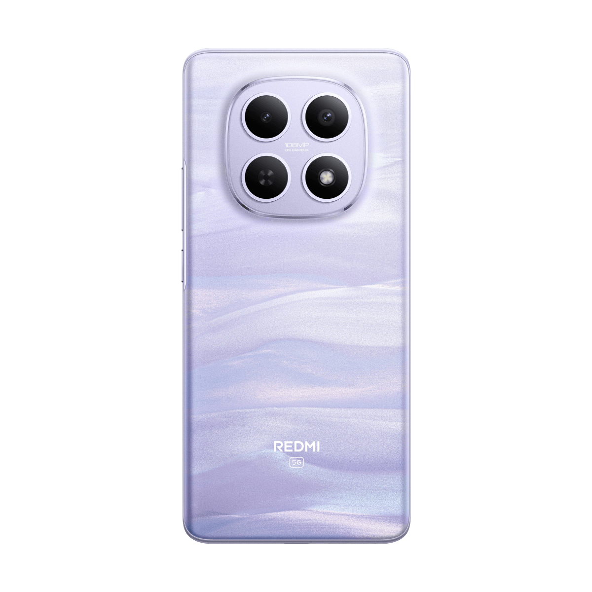 Retro di uno smartphone viola con quattro fotocamere e logo Redmi 5G.