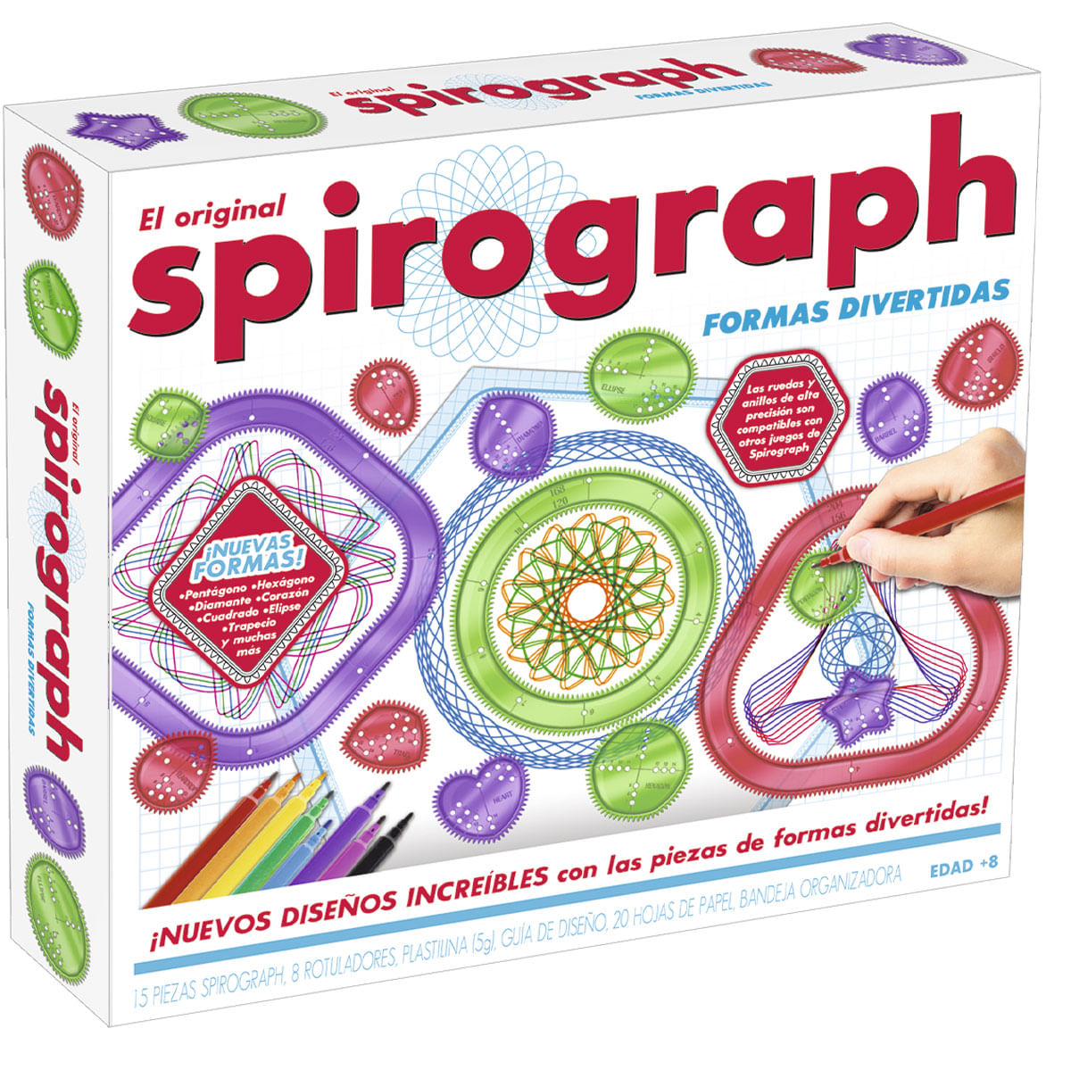 La caja de Spirograph muestra engranajes y herramientas de dibujo coloridas creando patrones.