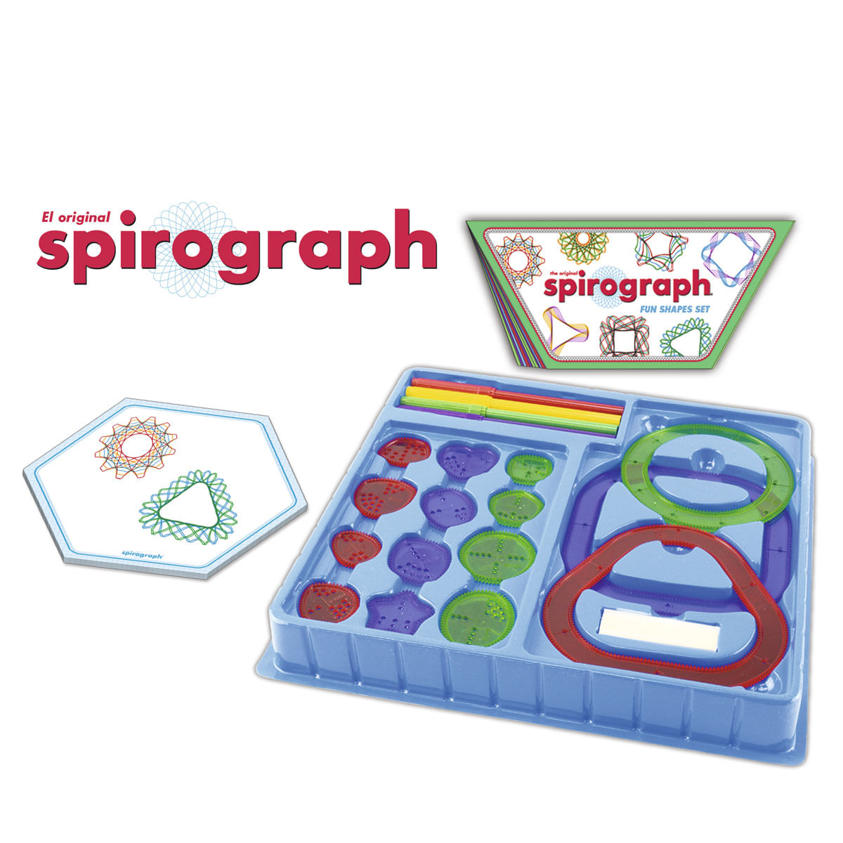 Set de Formas Divertidas Spirograph con engranajes, bolígrafos y hojas.