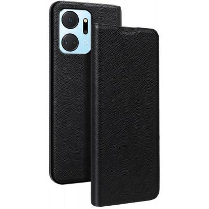 Telefono cellulare nero con due fotocamere e custodia a libro.