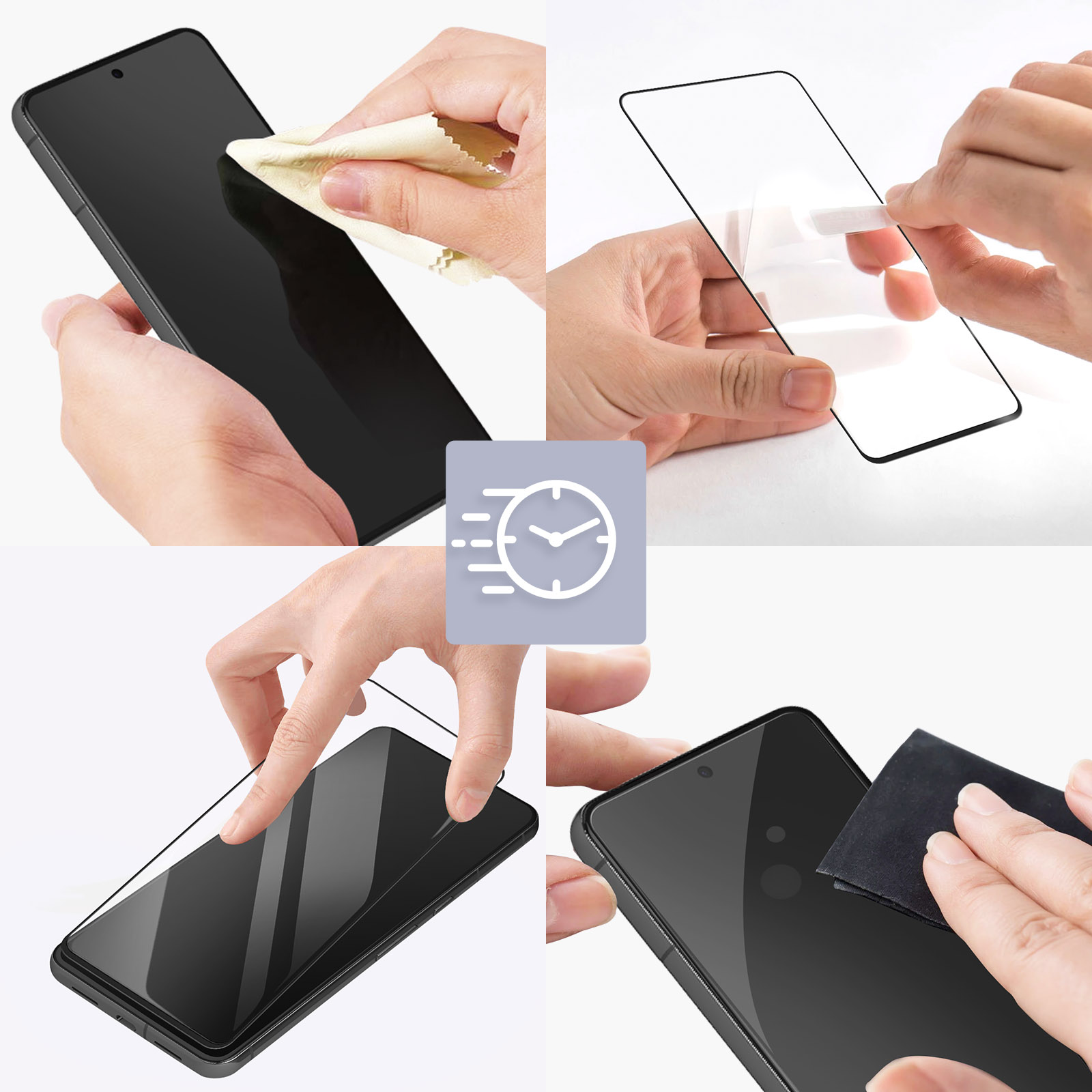Mani puliscono schermo telefono, applicano protezione in vetro.
