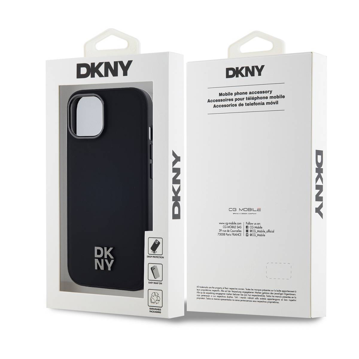 Custodia nera DKNY per telefono in confezione con info prodotto.