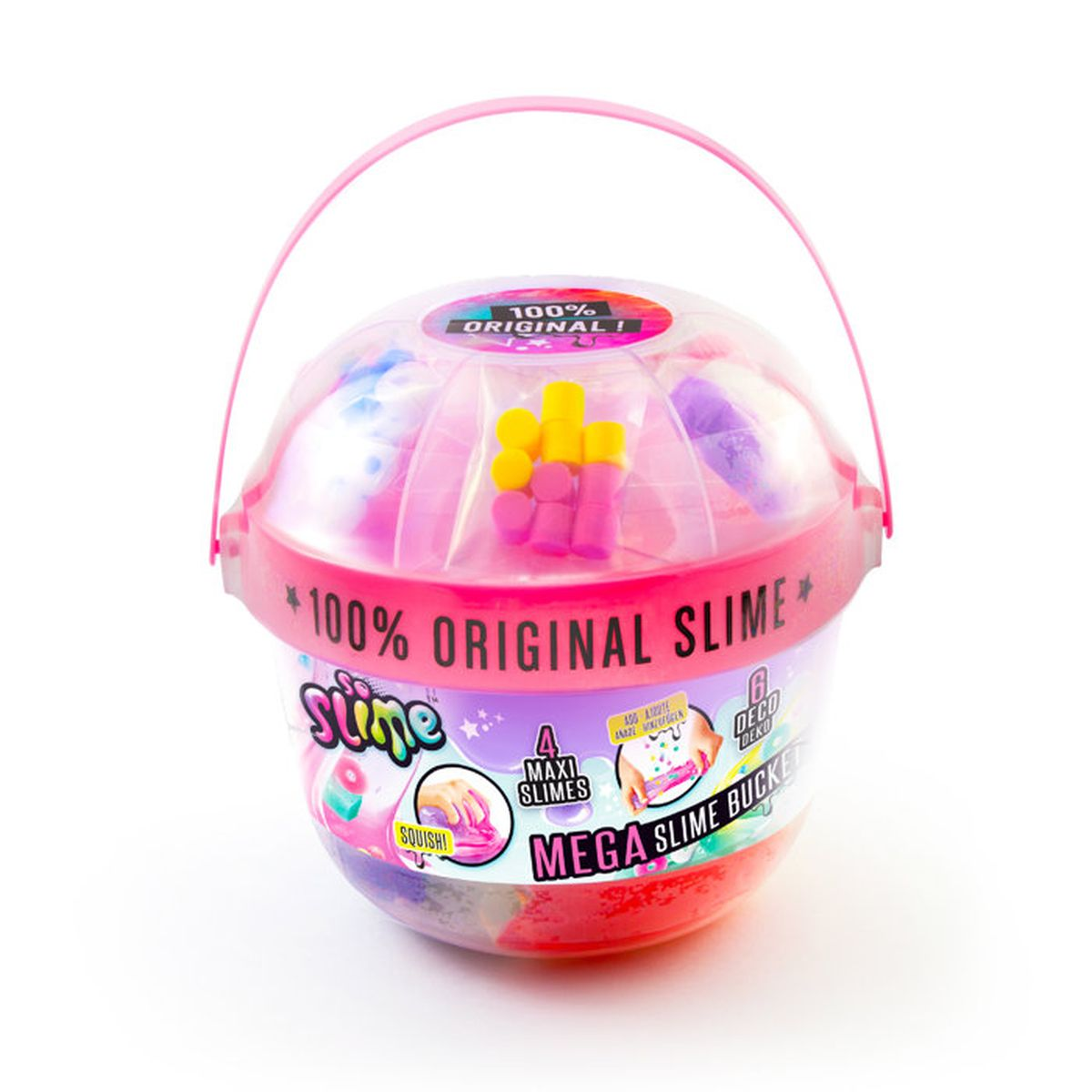 Un cubo transparente con asa rosa, lleno de masa de slime colorida y pequeños recipientes.