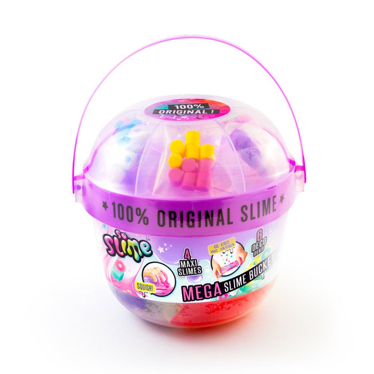 Un cubo transparente con asa morada y pegatinas, lleno de slime de colores.