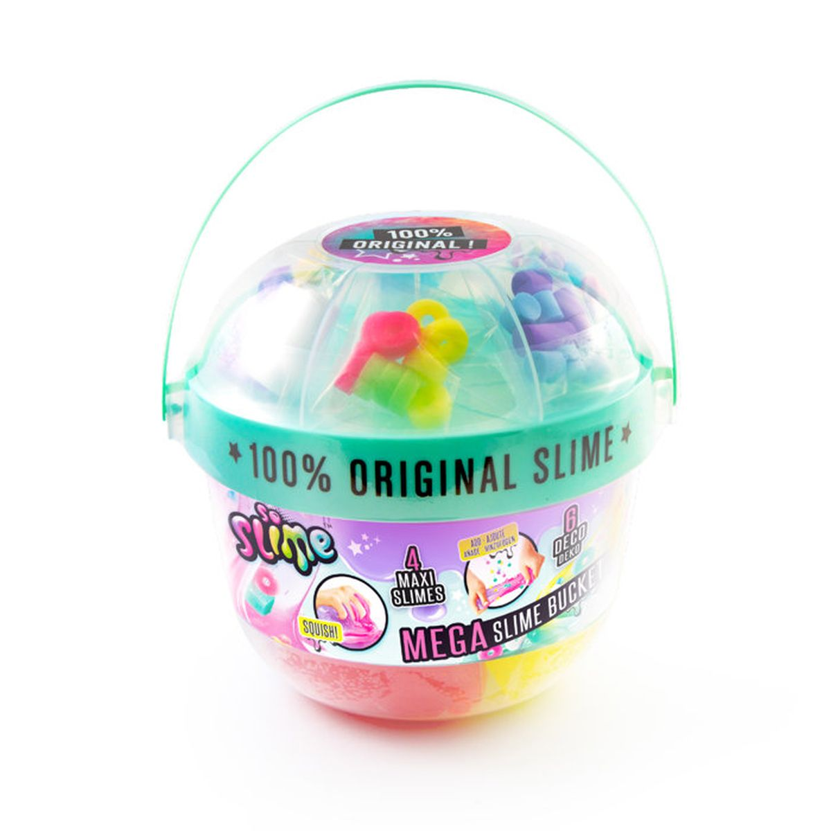 Un cubo con 4 paquetes de maxi slime y decoraciones.