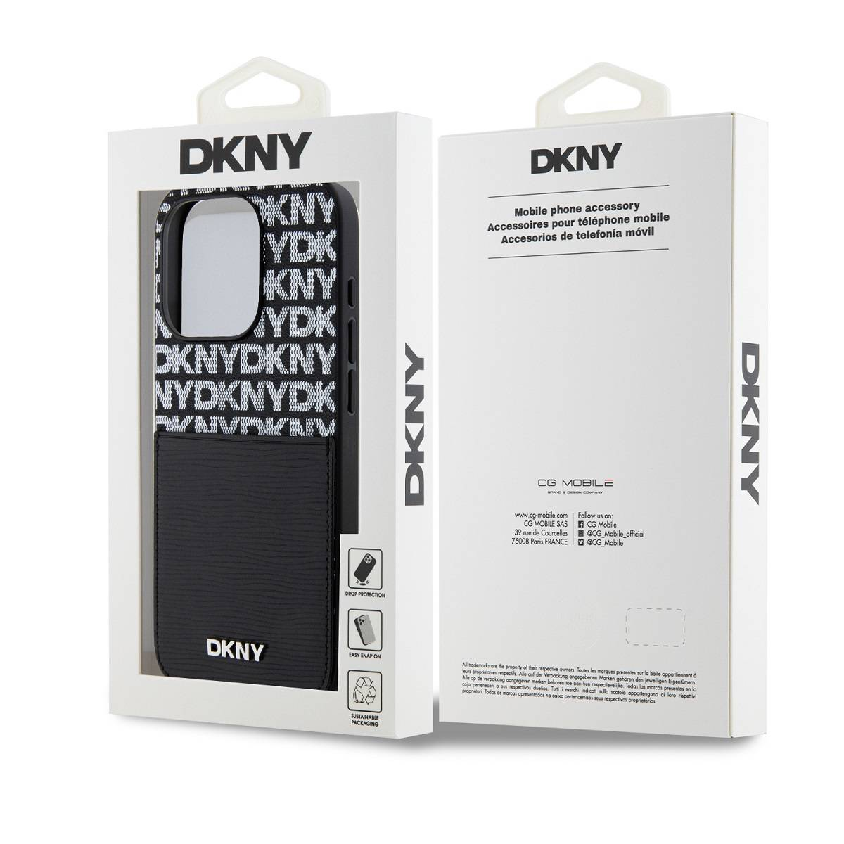Custodia per telefono DKNY in confezione con motivo logo e tasca nera.