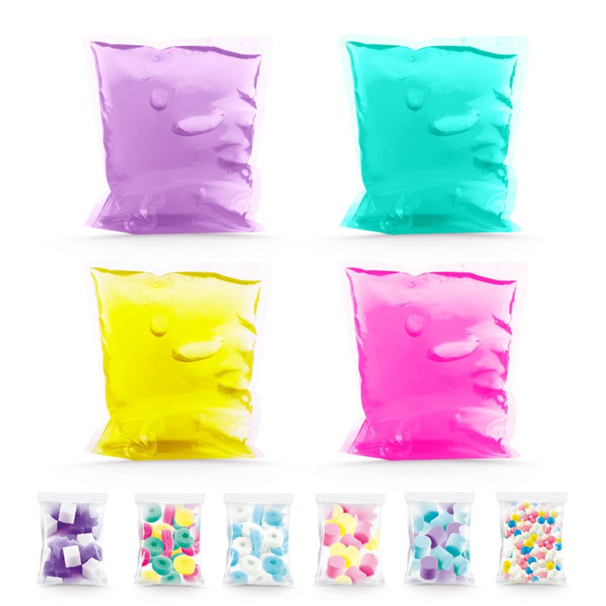 Cuatro bolsas selladas de líquido de colores: morado, turquesa, amarillo, rosa. Debajo hay bolsas de caramelos.