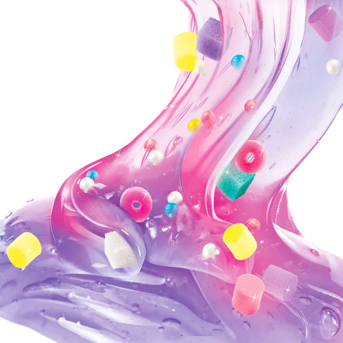 Slime morado y rosa con cuentas y cubos coloridos.