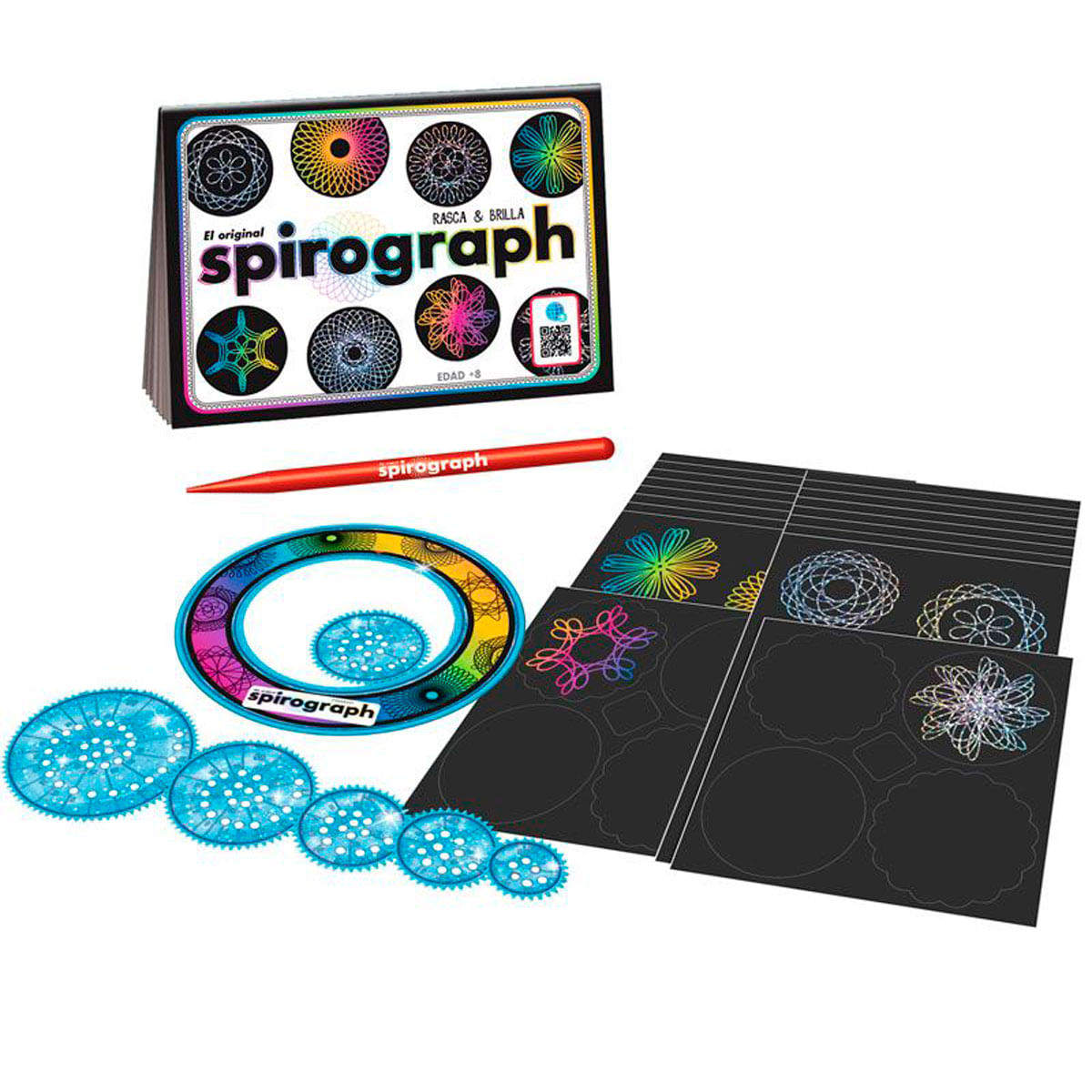 Set Spirograph con lápiz, engranajes, plantilla y láminas de rascar.