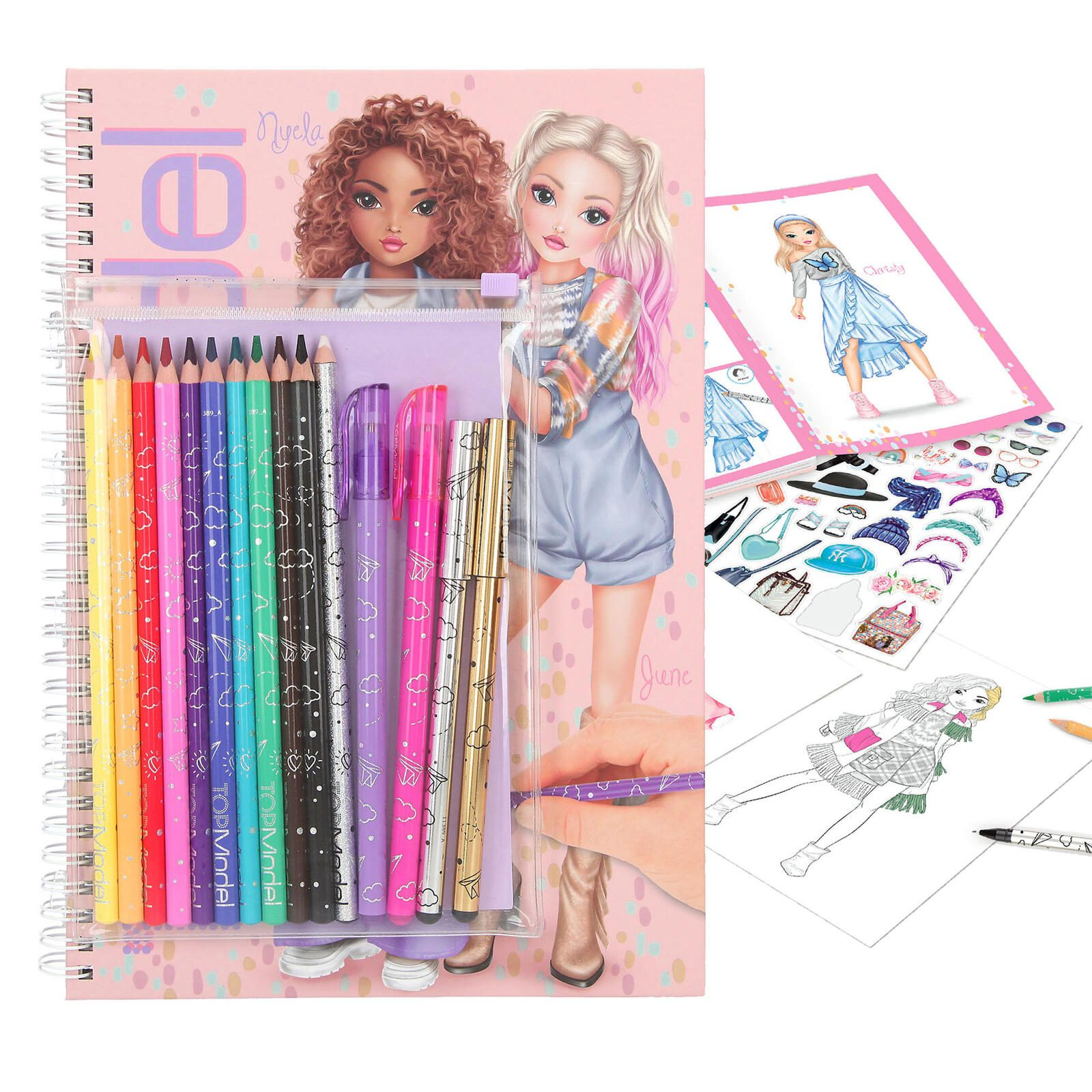 Un cuaderno con muñecas de moda y bolígrafos, junto a páginas para colorear y pegatinas.
