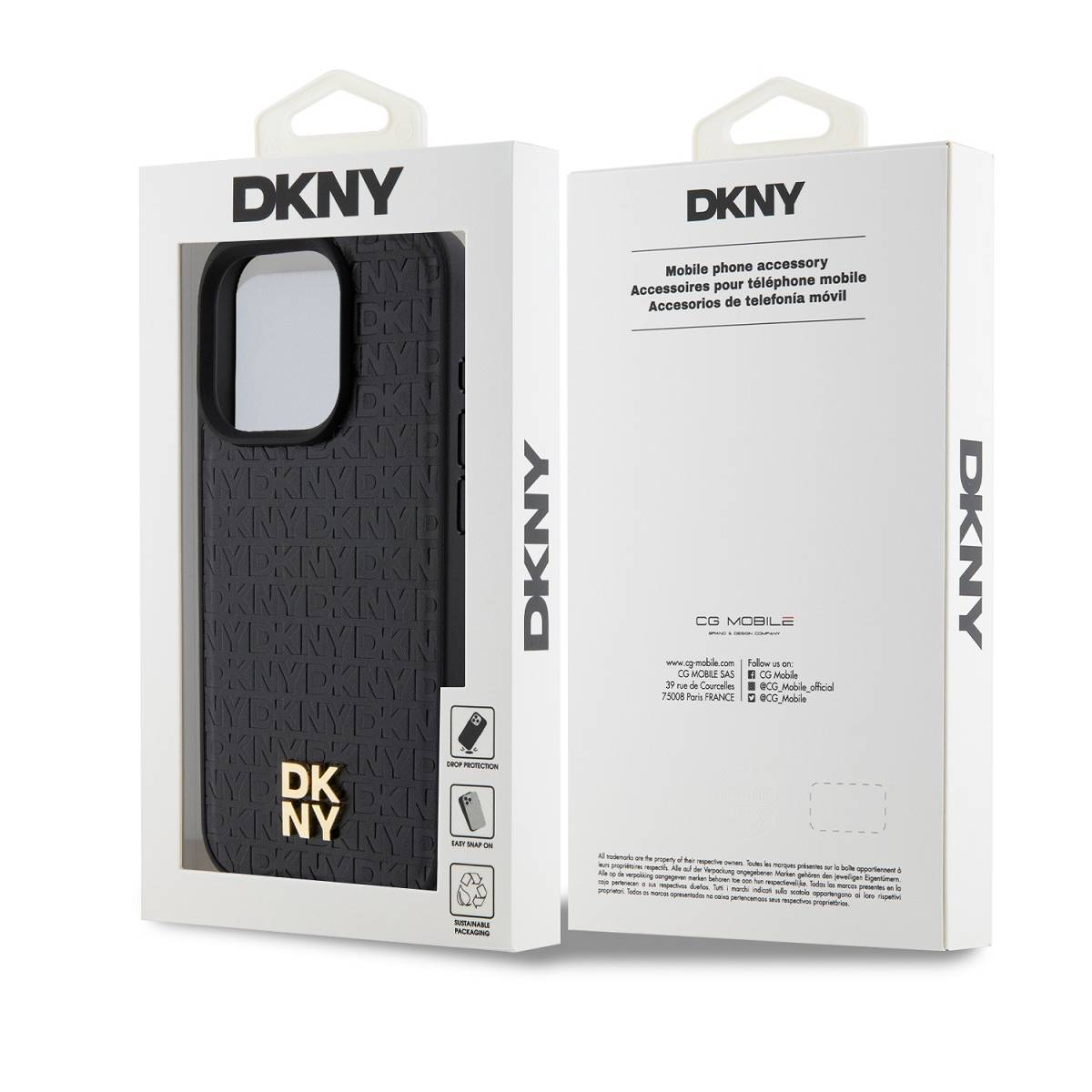 Confezione per una cover per telefono DKNY nera con motivo a logo ripetuto.