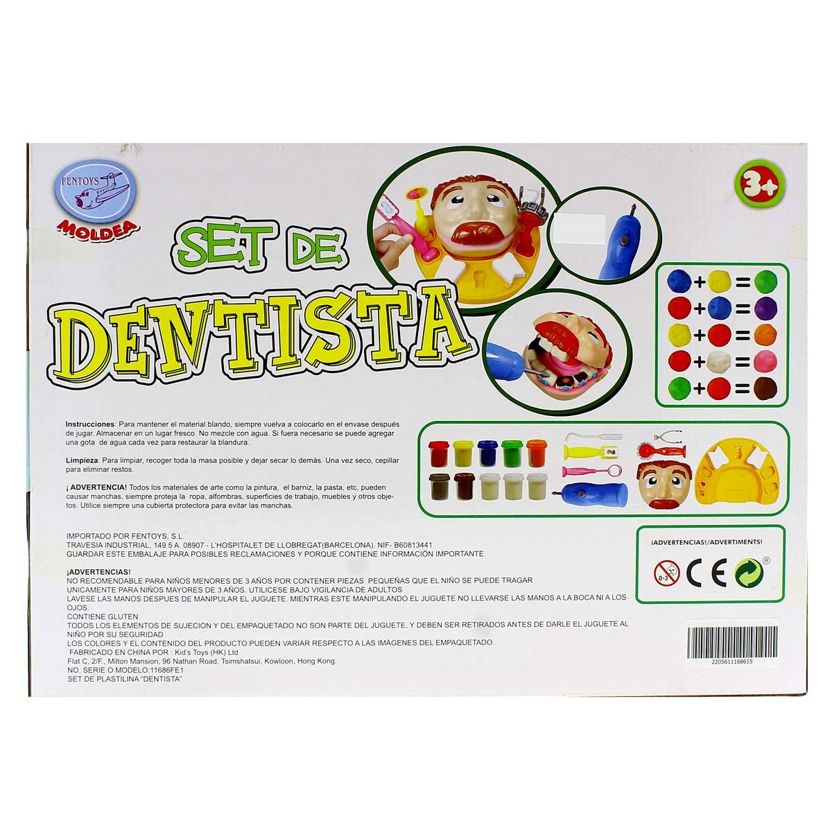 Embalaje de un set de dentista de plastilina, mostrando el set y accesorios con instrucciones.