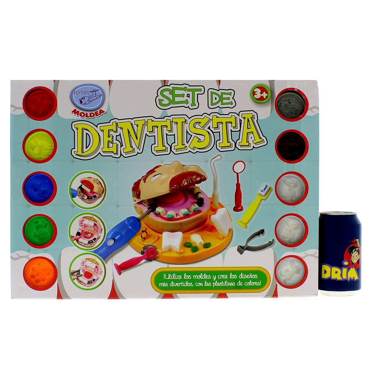 Set de dentista con plastilina y moldes. Incluye una boca de juguete y herramientas.
