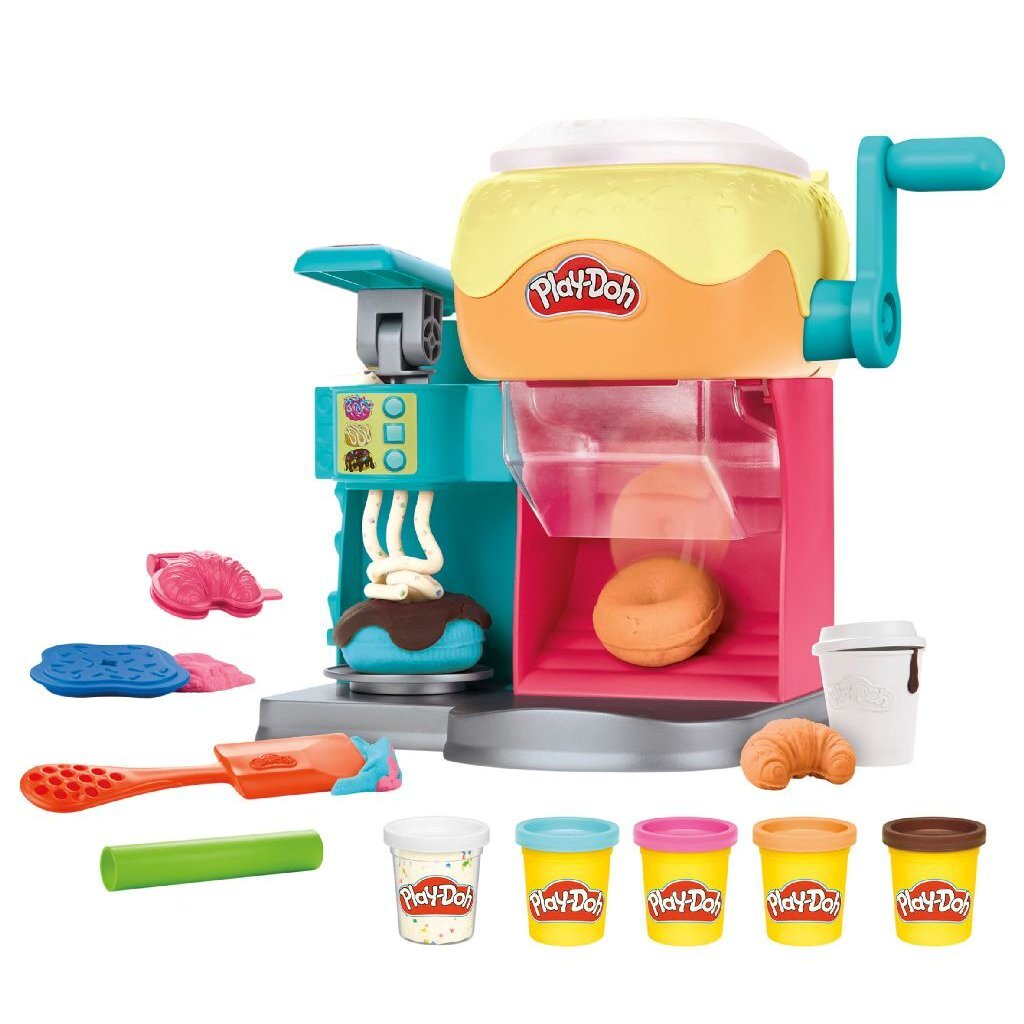 Juego de Play-Doh con cafetera, donut, croissant y botes de masa.