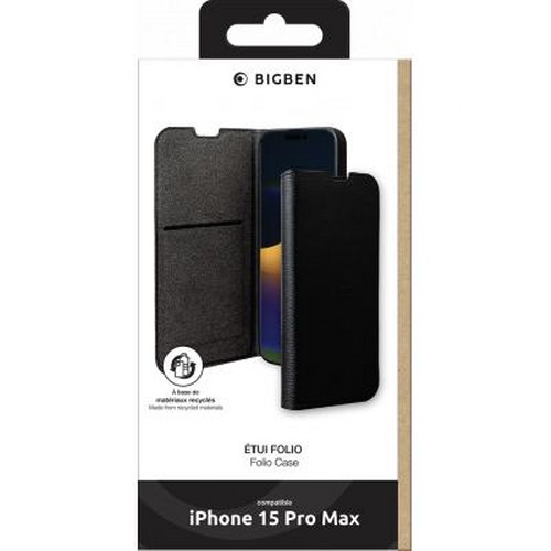 Custodia folio nera per iPhone 15 Pro Max con copertina apribile e logo BIGBEN.
