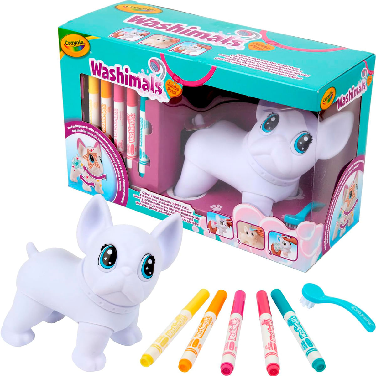 Un perro Washimal blanco con rotuladores y cepillo, en caja Crayola.