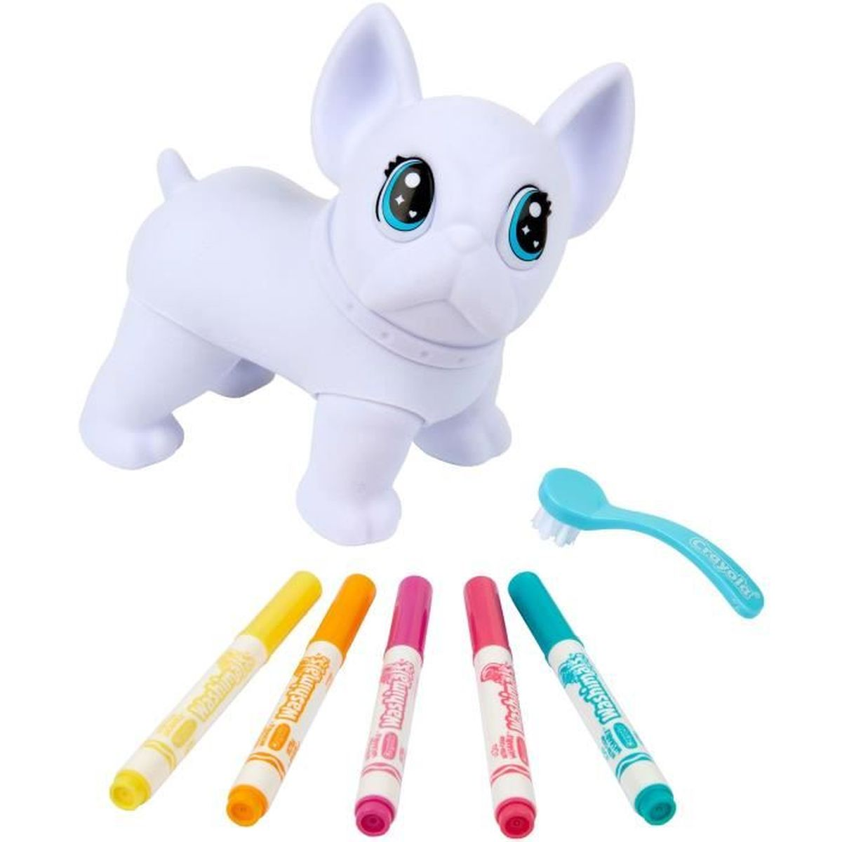 Un juguete blanco de bulldog francés con ojos azules, marcadores y cepillo.