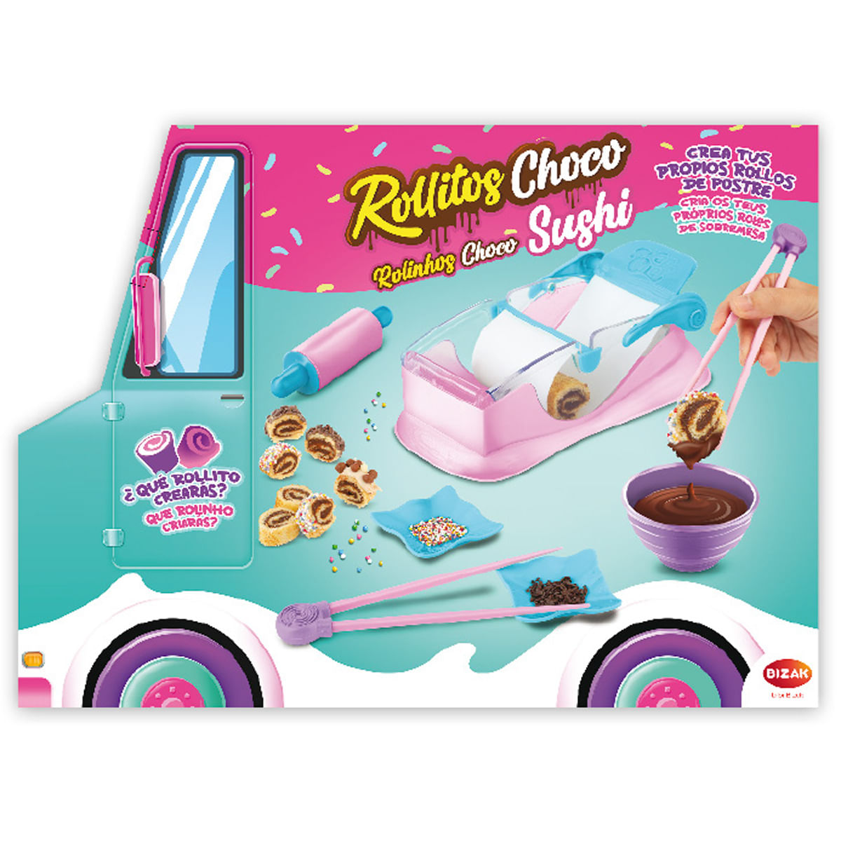 Un kit para hacer rollitos de sushi de chocolate con herramientas rosas y azules.