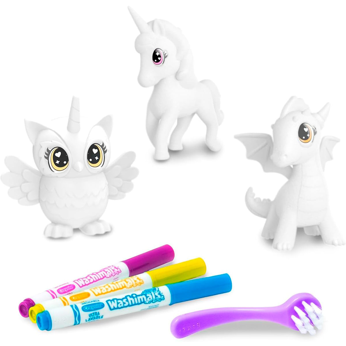 Tres animales de juguete blancos y herramientas para colorear.