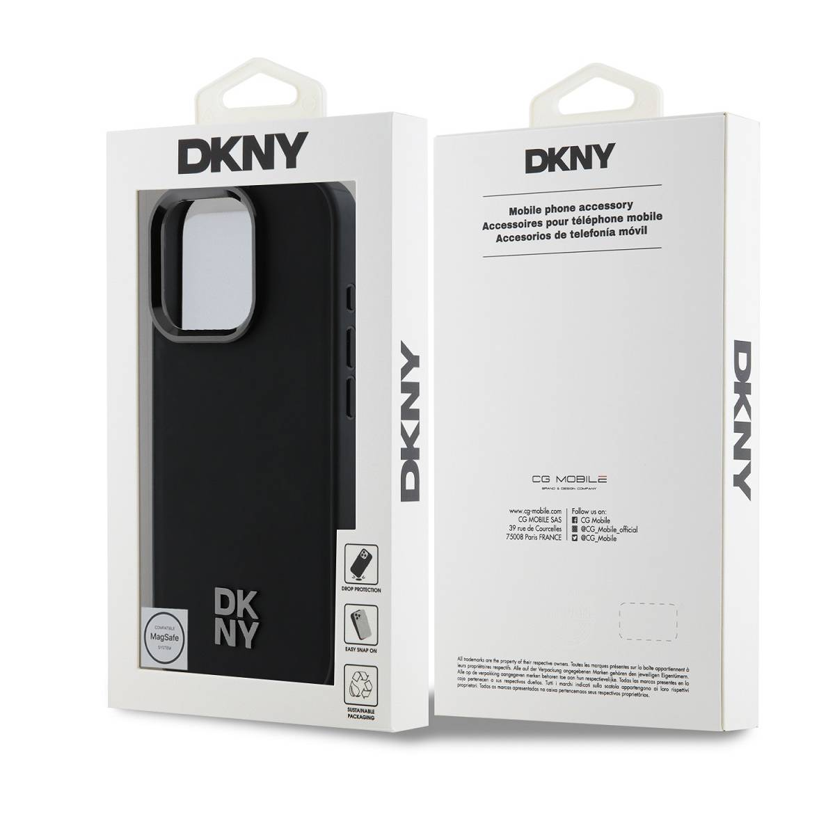 Custodia nera DKNY per telefono compatibile MagSafe in confezione bianca.