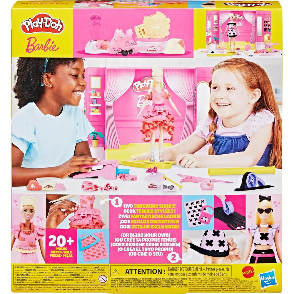 Set de juego Play-Doh Barbie con dos niños jugando y accesorios de Barbie.