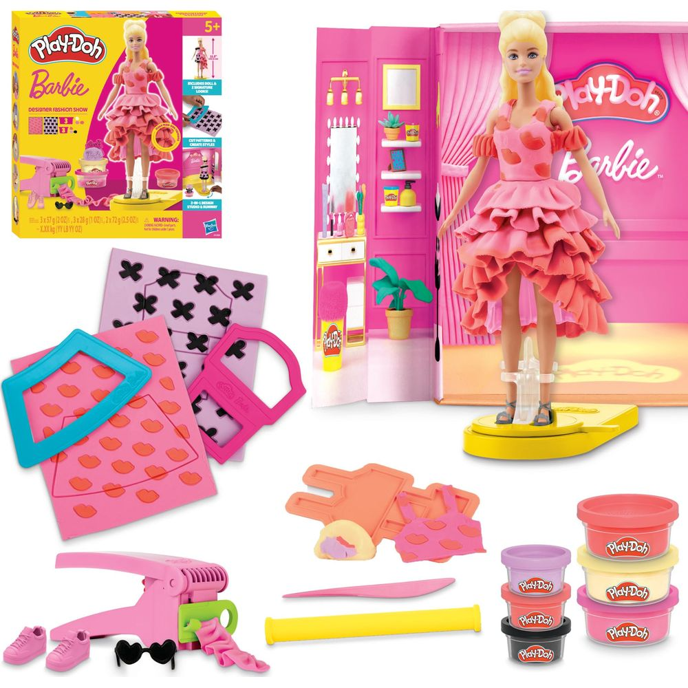 Set Play-Doh Barbie Diseñador Desfile de Moda con muñeca, accesorios, moldes y botes.