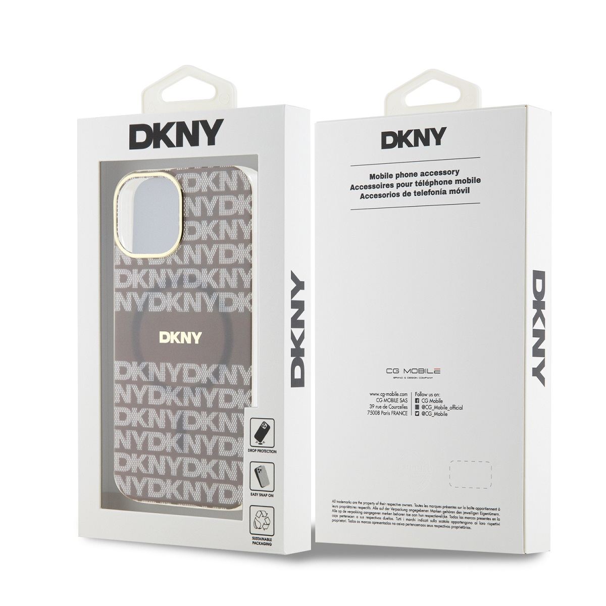 Custodia per telefono DKNY in scatola, con motivo a logo DKNY ripetuto.
