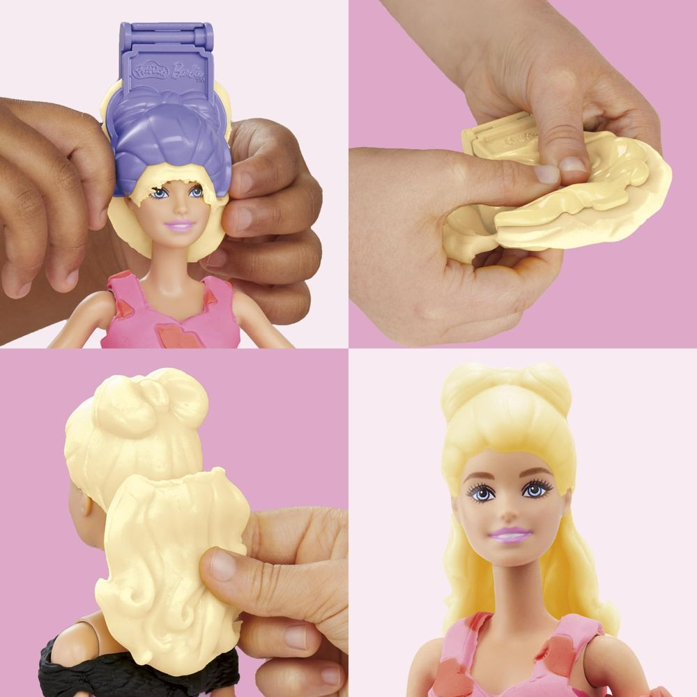 Muñeca Barbie con molde morado para el pelo y pelo de plastilina amarillo.