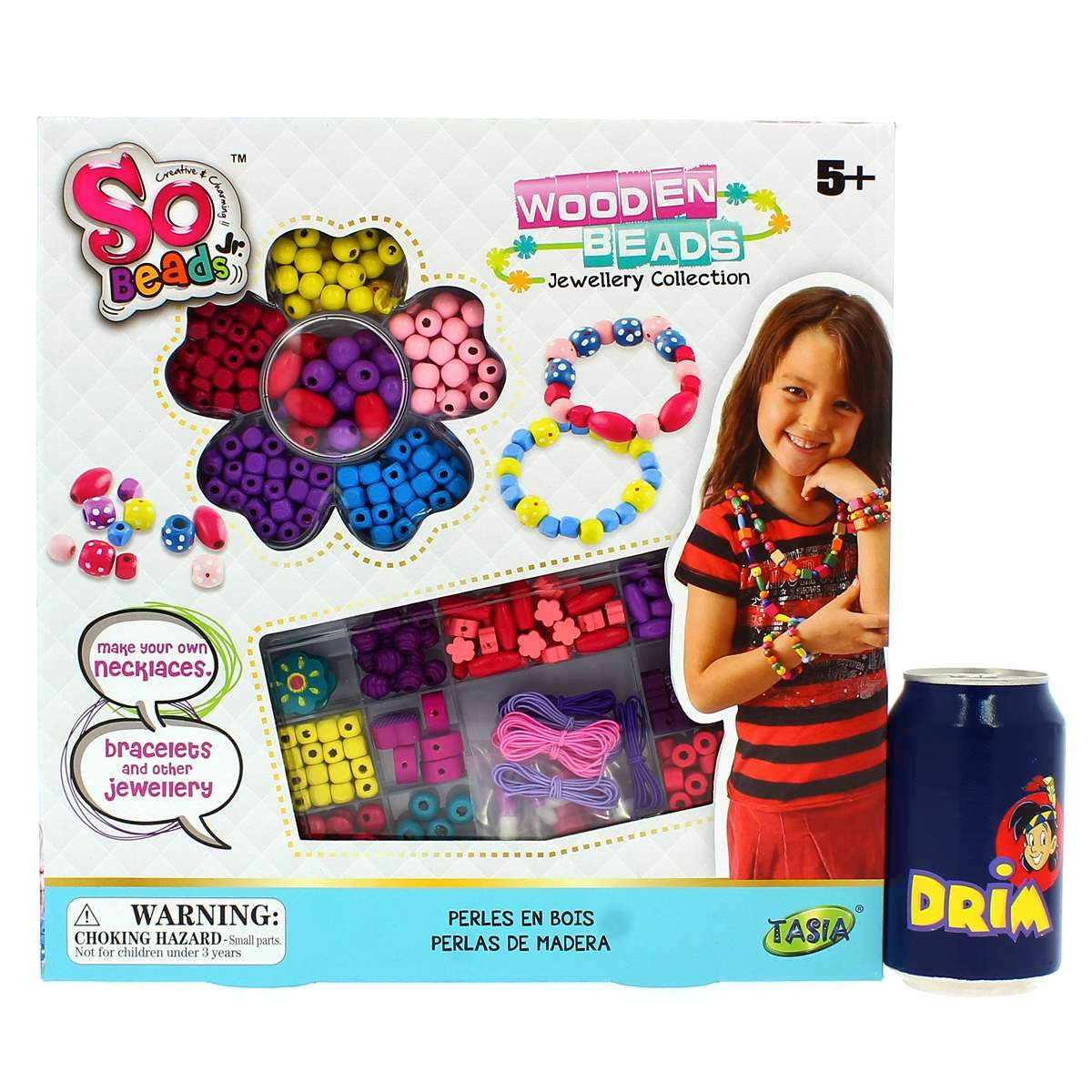 Un kit para hacer joyas con cuentas de madera coloridas para niños, con materiales.