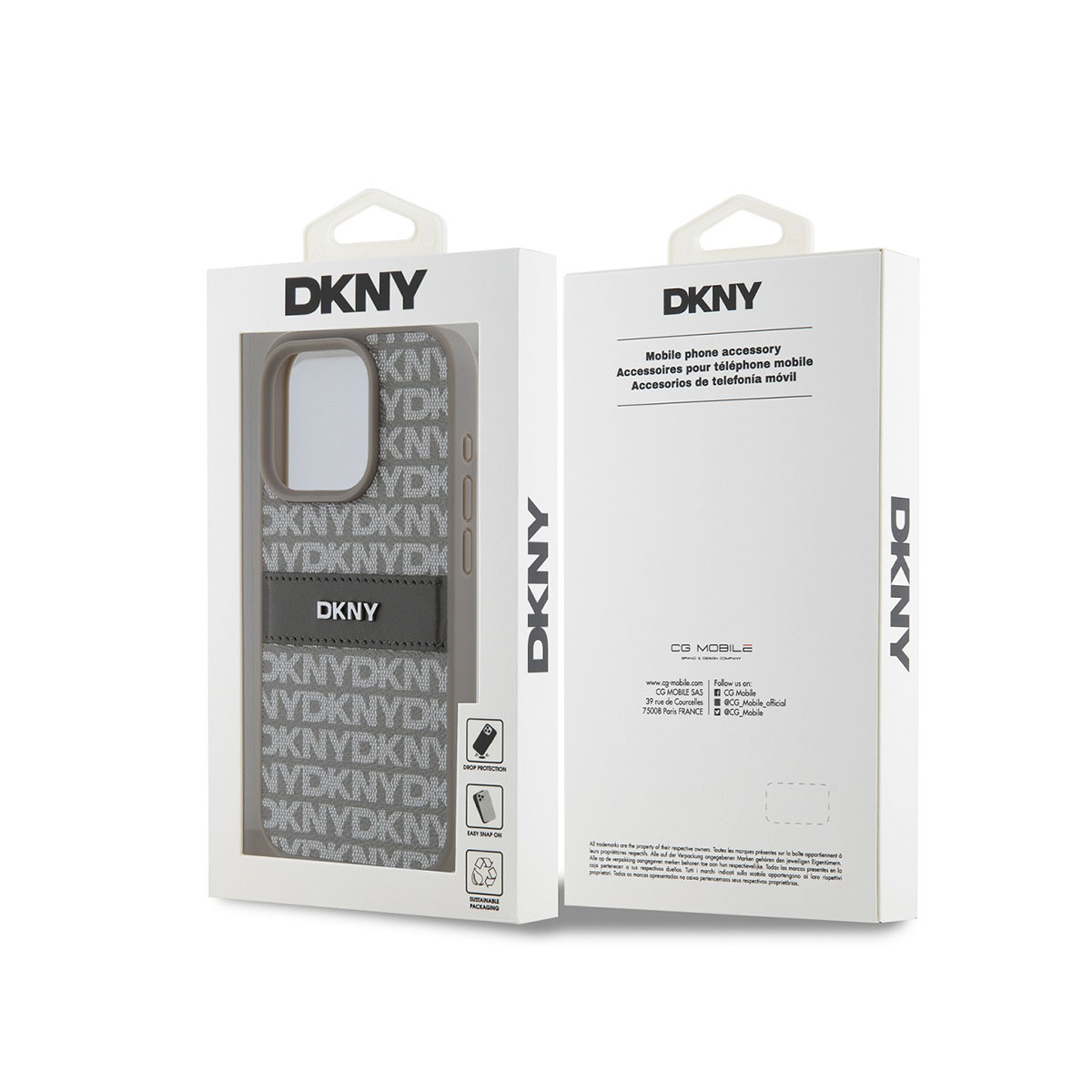 Confezione custodia per telefono DKNY con custodia grigia e motivo logo grigio.