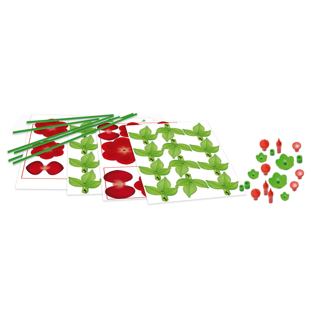 Pétalos de flores rojas y hojas verdes en tarjetas con piezas rojas y verdes.